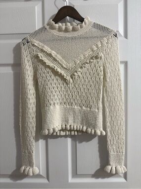 Zara Cream Crochet Knit Ruffle Turtleneck Sweater